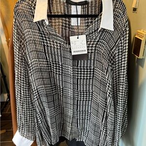 NWT Marina Rinaldi Black and Silk & Cotton Houndstooth Button-Up